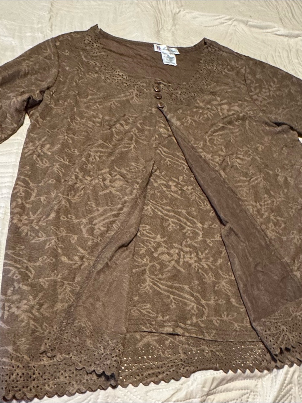 Vintage Maggie Sweet XL Brown Lace-Trim Long Sleeve Tunic Top